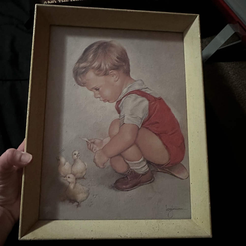 FREE w. Purchase. Charming Child and Chicks Art Print in Beige Frame